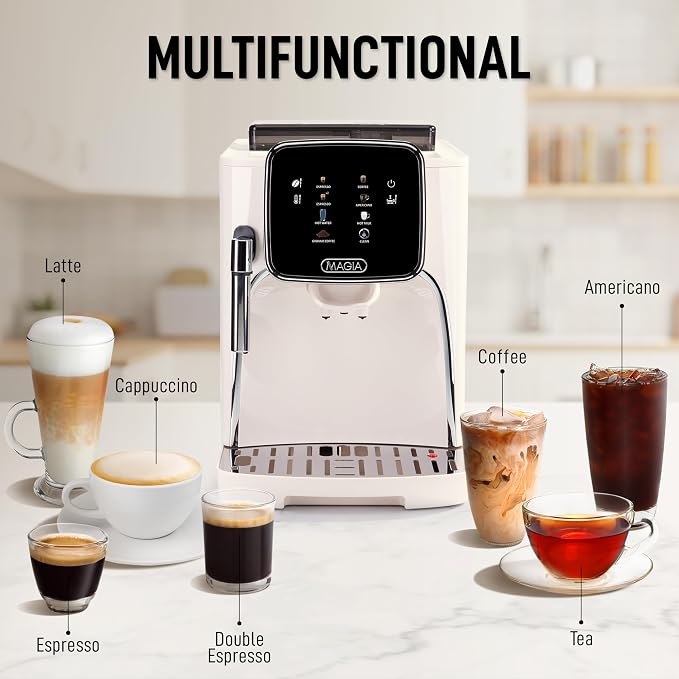 Zulay Kitchen Magia Clasica Automatic Espresso Machine with Built-In Grinder, Touch Panel Coffee Maker, Steam Wand Milk Frother, Adjustable Strength, Self-Cleaning, Cream & Silver (13" x 17.7" x 9.4")