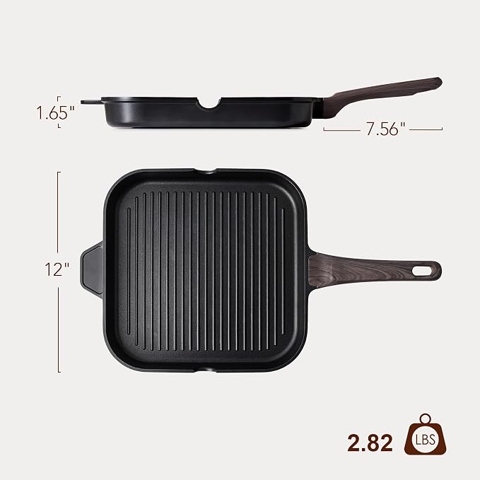 SENSARTE Nonstick Grill Pan for Stove Tops, Versatile Griddle with Pour Spouts, Square Big Cooking Surface, Durable Skillet Indoor & Outdoor Grilling. PFOA Free,12Inch