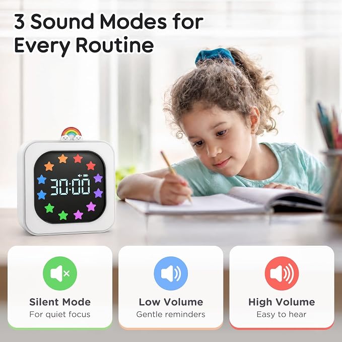 Digital Visual Timer for Kids with 12-Star Rainbow Display & 9 Color Modes | 99-Minute Count-Up & Countdown Timer with Silent Mode & Pause for Classroom, Home, Kitchen, Rechargeable, White