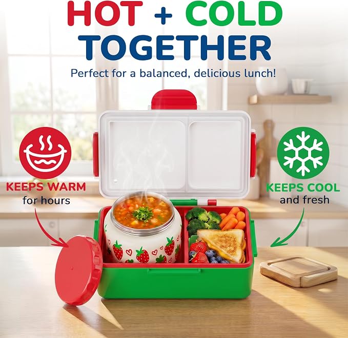 Bento Lunch Box for Kids–Strawberry Console Design with 12oz Insulated Stainless Steel Soup Jar and Built-in Ice Pack, 3-Compartment Leak-Proof Kids Bento Box for Boys Girls School Travel