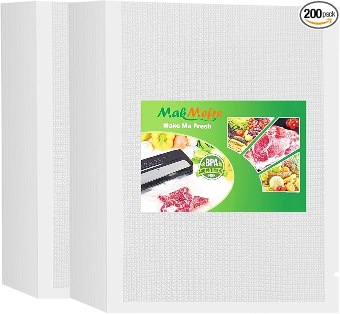 MakMeFre Gallon 4mil 11"x16"Vacuum Sealer Bags 200ct for Food Storage | BPA Free PreCut Food Grade,Commercial Grade,Heavy Duty Vacuum Food Freezer Bags,Great for Sous Vide Vacuum Sealer