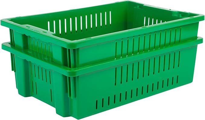 Hudson Exchange 20 x 13 x 5.6" (4 Pack, 4.5 Gallon) Agricultural Nest and Stack Vented Crate Handled Storage Container Tote, Green