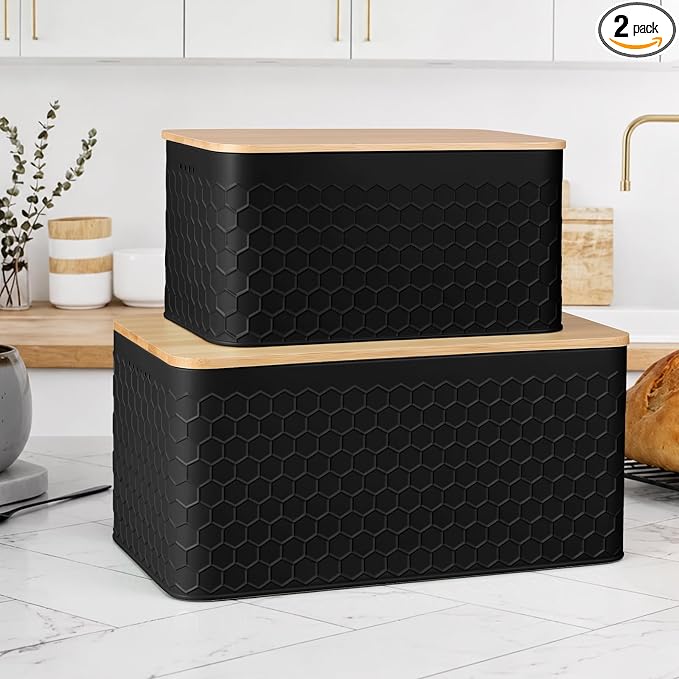 Metal Bread Box Set of 2 with Bamboo Lid, Modern Bread Storage Containers with Air Vents, Bamboo Cutting Board Lid, Farmhouse Kitchen Decor Organizer for Countertop, 2-Size,Embossed Black