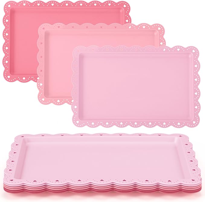 6 Pcs Pink Serving Trays Plastic Platters Dessert Cupcake Holder Party Supplies 14.4 x 9.3 Inches Rectangular Cookie Snack Display Tray for Wedding Restaurant