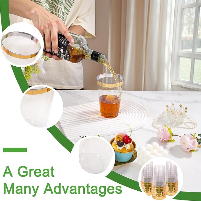 I00000 100 Pack 20 oz Gold Plastic Cups, Elegant Gold Rimmed Plastic Cups, Disposable Cocktail Glasses Wine Glasses, 20 oz Premium Tumblers Perfect for Birthday, Party & Wedding