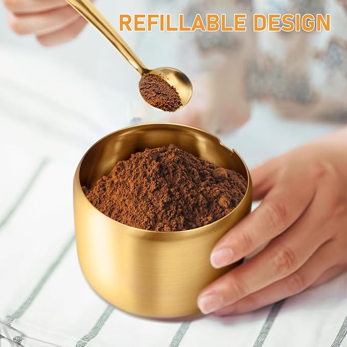 holoith Sugar Container with Glass Lid and Spoon, Gold, 10oz
