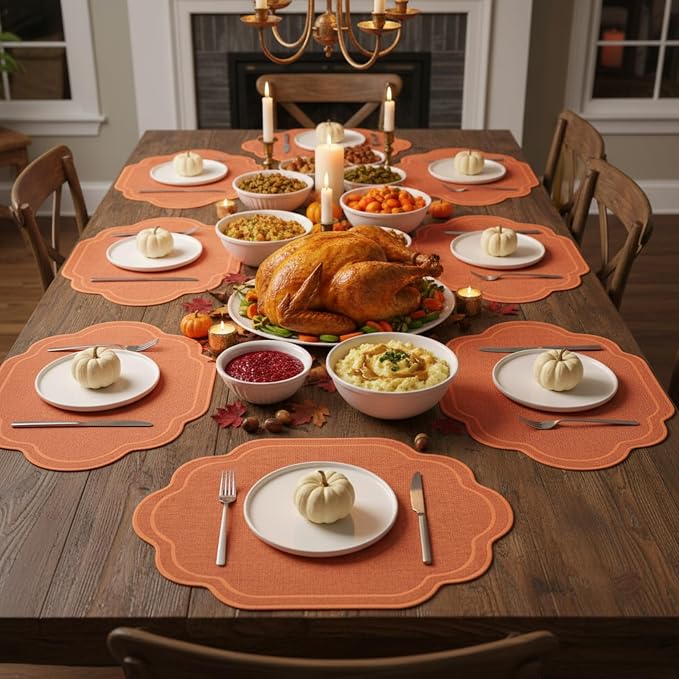 6 Pcs Orange Wedding Placemats Scalloped Embroidered Cotton Linen Placemats 17" x 13" Double Layered Machine Washable Table Place Mat for Party Table Decor (Cotton)