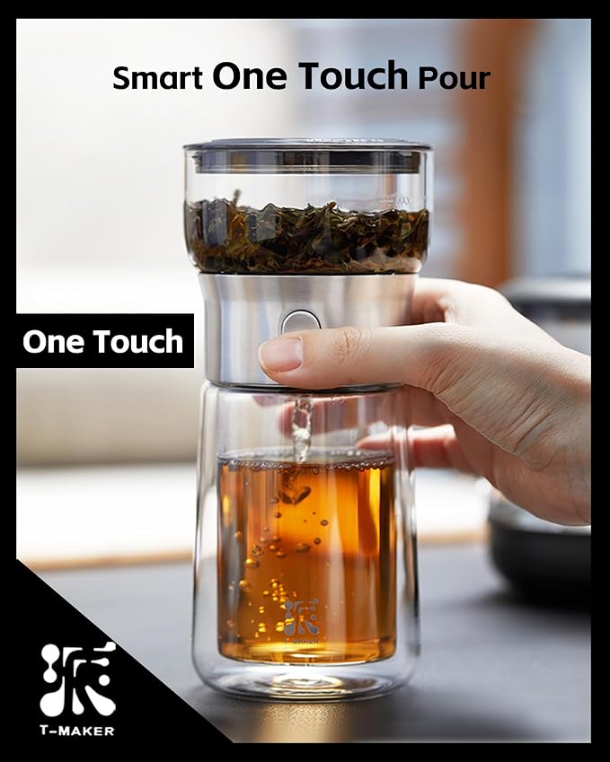 ZENS Modern Tea Infuser Teapot, One Touch Tea Maker for Loos Leaf Tea | Glass Magic Tea Pot, Mess free Tea Steeper with Insulated Mug, Portable Tea Infuser with Case for Tea Lovers