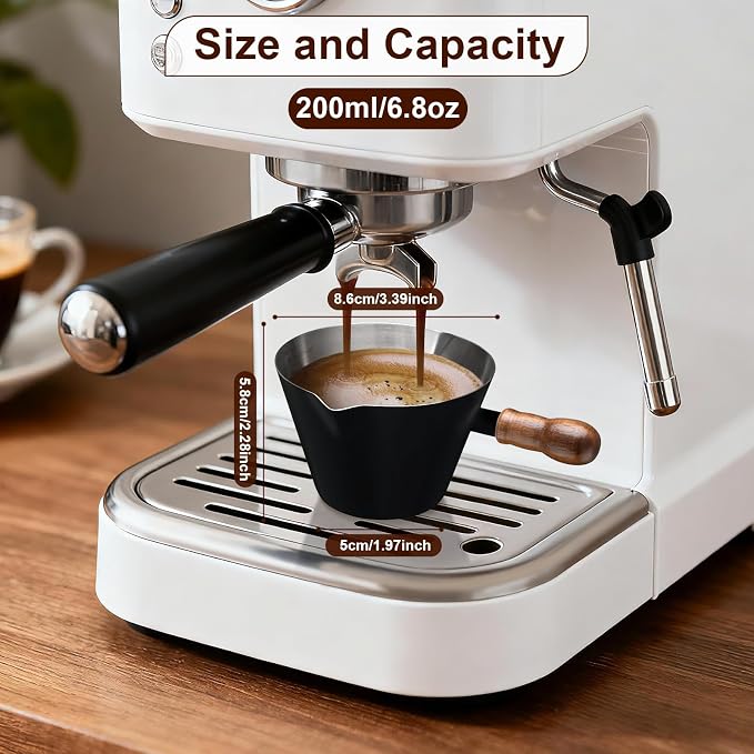 Amrules Espresso Cup, 6.8 oz/200 ml Stainless Steel Coffee Shot Measuring Cup with Wood Handle, Double V-Shaped Mouth and Clear Scale for Cappuccino Barista Coffee Bar Accessories, Black