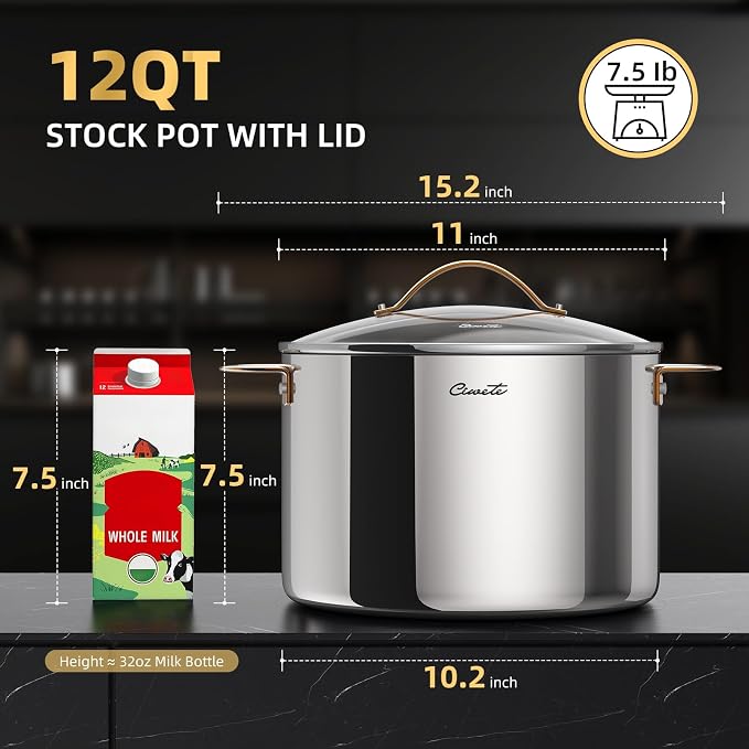 Ciwete 12 Quart Stock Pot with Lid, Upgraded Tri-Ply Stainless Steel Pot, Seamless Large Cooking Pot with Stay-Cool Brass Handle, Healthy Polished Stockpots, Induction Cookware, Oven & Dishwasher Safe