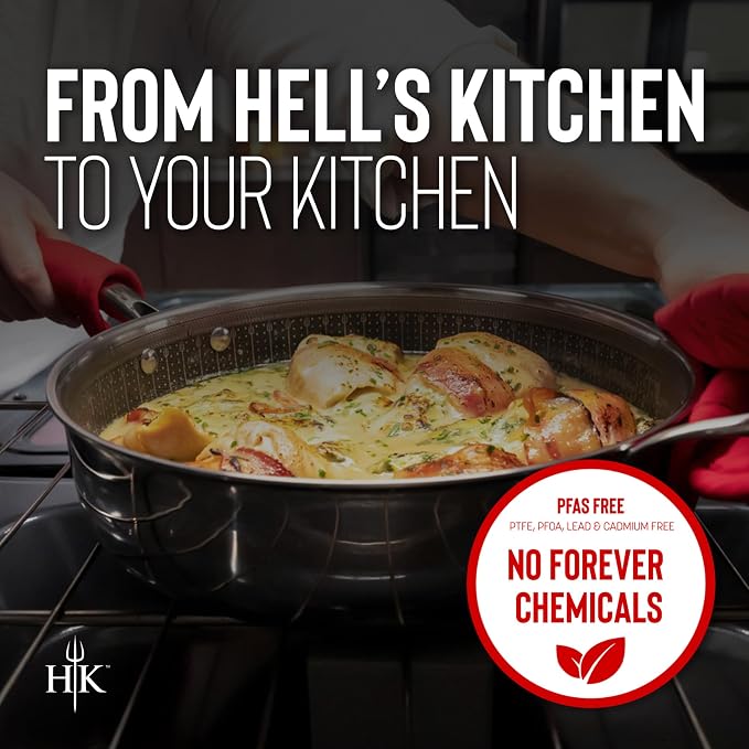 Hell's Kitchen Hybrid 4 Qt Sauté Pan and lid, Tri-Clad Stainless Steel and Nonstick Ceramic, PFAS Free, no PFOA, no PTFE, no Teflon, Non Toxic Cookware, Metal Utensil Safe, All Cooktops and Oven Safe | Induction Cookware, Saute Pan With Lid, Tri Clad S...