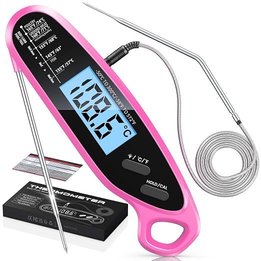 Instant Read Meat Thermometer Digital with Dual Probe | Large Backlit, Food Thermometer for Cooking, Grilling, Smoker, BBQ, Candy, Oil Fry, Pink Kitchen Accessories, Gift for Women