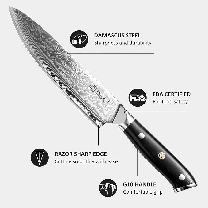 PAUDIN Chef Knife 8 Inch, Damascus Kitchen Knife with G10 Handle | 67-Layer Japanese VG10 Steel Core , Razor Sharp Japanese Chef Knife for Home, Restaurant