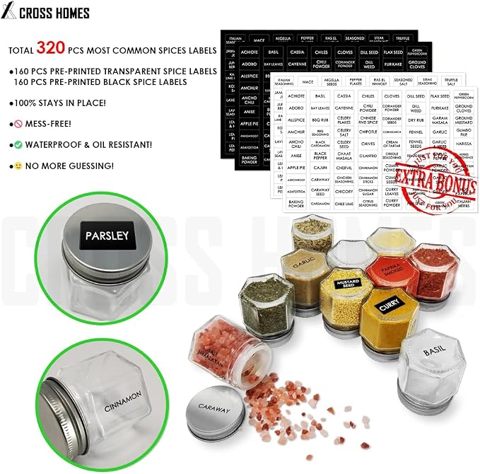 15 Pack Magnetic Spice Jars for Refrigerator Hexagon Glass Spice Jars with Magnetic Lids, Shaker, Spice Labels, Magnetic Glass Spice Containers for RV Travel Trailer Kitchen Fridge Cabinet Wall mount