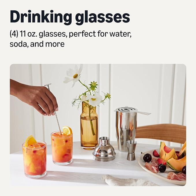 Amazon Basics Drinking Glasses, Dishwasher-Safe, 4-Piece Set, 11 oz.