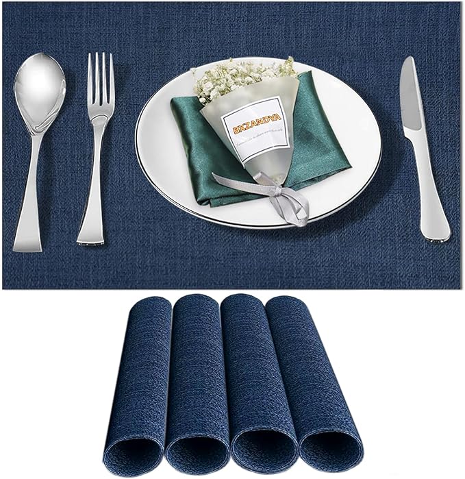 Blue Vinyl Placemats Set of 4,Washable Dining PVC Table Mats | Heat resistant, stain resistant non slip vinyl place mats, washable blue table placemats for dining table