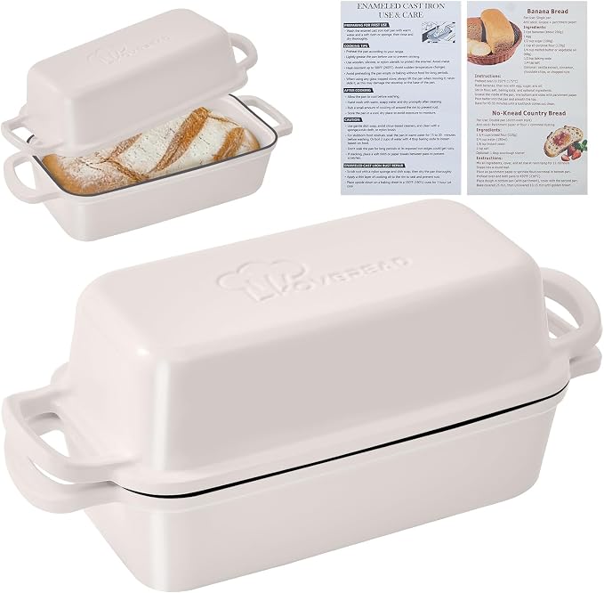 Cast Iron Loaf Pan with Lid 10x5 Inch Enameled Bread Loaf Pan for Sourdough, 2 Piece Set, Cream