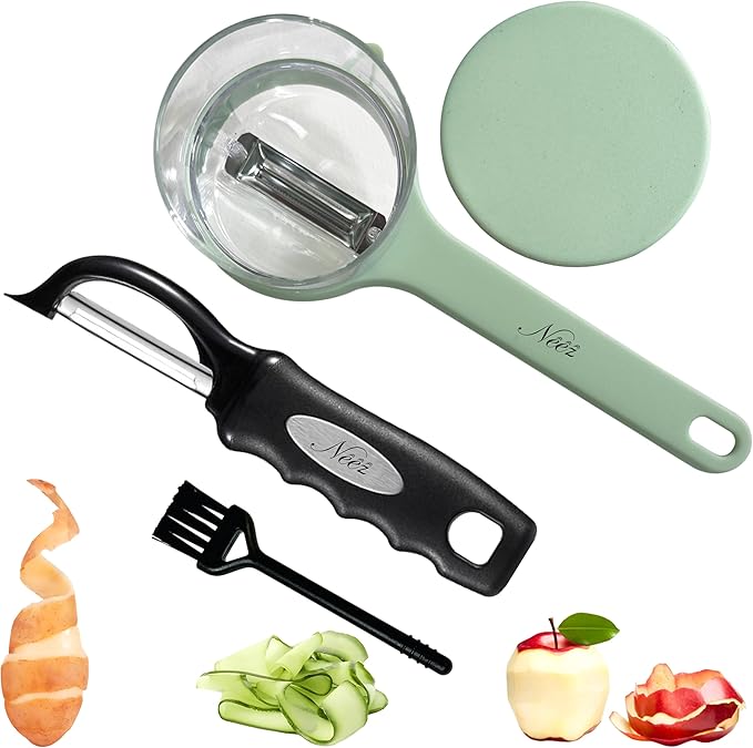 Swivel Vegetable Peeler + Fruit Peeler with Container & Cleaning Brush, Ultra Sharp Stainless Steel Blades, Ergonomic Soft Grip Handle, Multi-Purpose Peeling Knife for Potato, Carrot, Apple,3 pcs
