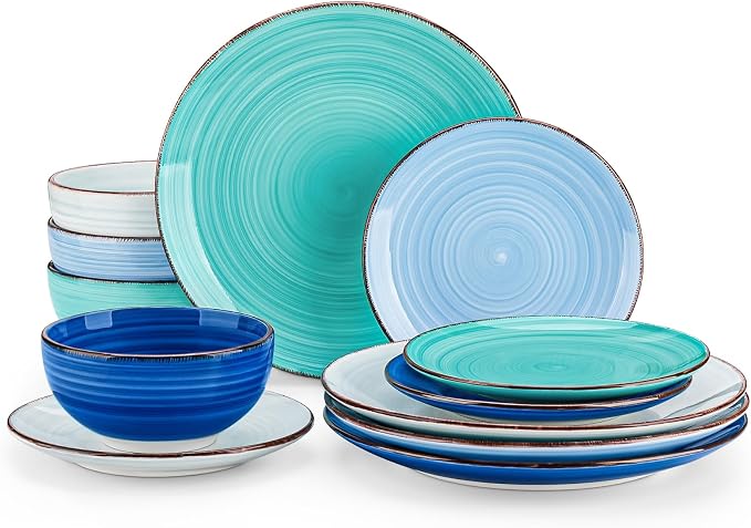 vancasso Bonita Dinnerware Sets 12 Pieces for 4, Ceramic Dishes Set Blue | Hand-Painted Spiral Plates and Bowls Set, Modern Kitchen Plate Set-Microwave and Dishwasher Safe (Blue,12 Pcs)