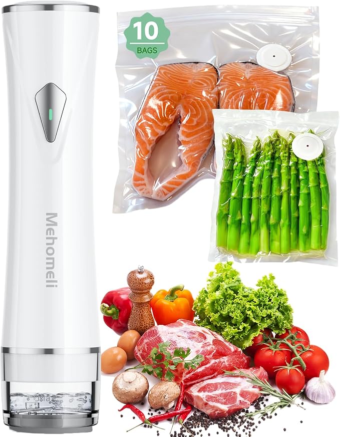 Compact Handheld Vacuum Sealer for Food with 10 Reusable Bags | Powerful 60 kPa suction, Keeps food fresh up to 6X longer, Cordless handheld design, Ideal for meal prep and food storage