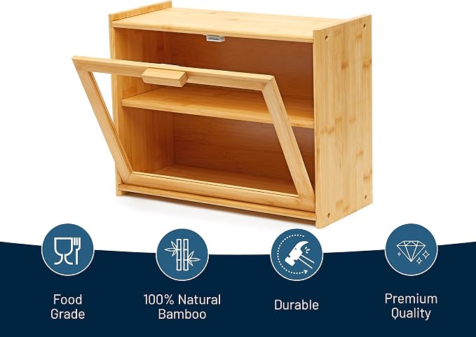 Premium Bamboo Double Layer Bread Box With Clear Window | Bread Storage And Organizer for Kitchen Countertop, Bread Container, Assembly Required