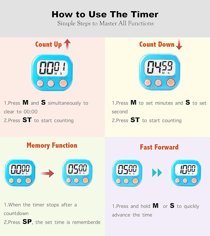 Digital Timer for Classroom Teachers Students, Magnetic Countdown Timer | Easy Timers for Kids Homework Study Kitchen Cooking Gym Game, 6 Pcs