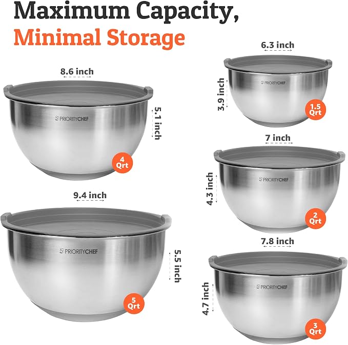 Premium Mixing Bowls With Airtight Lids Set, Thicker Stainless Steel Mixing Bowl Set, Large Prep Metal Bowls with Lids, Nesting Bowls for Kitchen, 1.5/2/3/4/5 Qrt, Grey