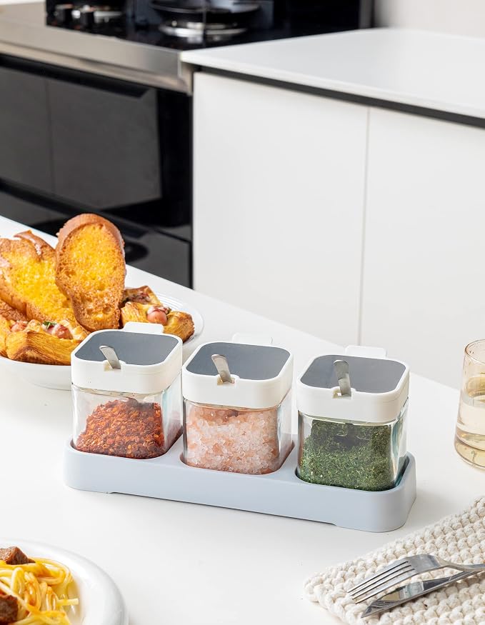 Mlici 3Pcs 8.6oz Glass Condiment Container Jars with Lids and Spoons, White | Clear Salt Sugar Container Set, Seasoning Jars with Spoons, Spice Jars Boxes for Kitchen Counter Organizer, Housewarming Gift