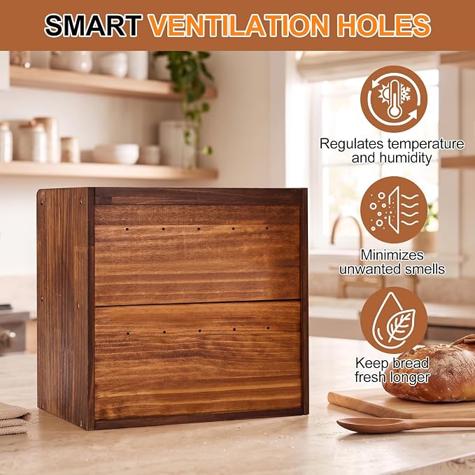 Alpeir Wooden Bread Box for Kitchen Countertop, Large Double Layer, Brown | Food-Safe Pine Wood, Double-Row Ventilation, Strong Acrylic Window, Raised Top Shelf, Easy Care, Farmhouse Corner Container