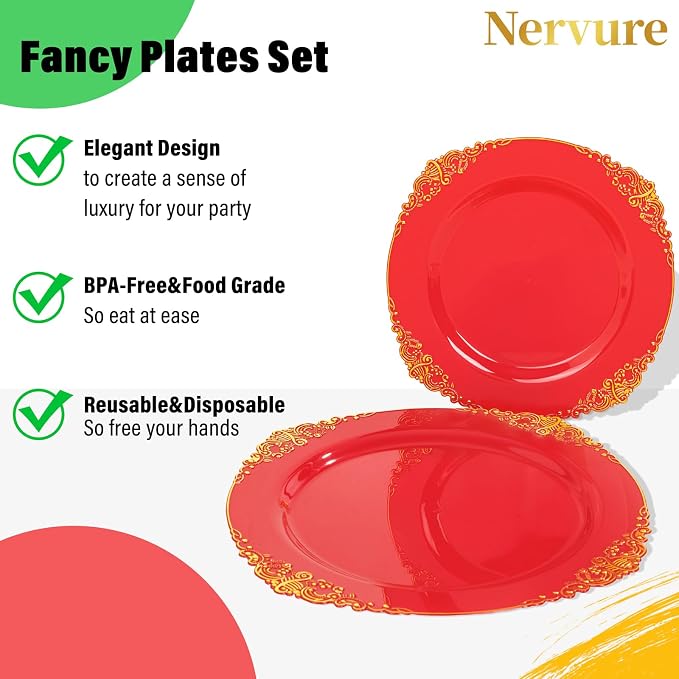 Nervure 175Pcs Red Plastic Plates, Disposable Party Plates for 25 Guests | 25 7.5" Dessert & 25 10.25" Dinner Plastic Plates, 75 Gold Cutlery, 25 9oz Cups, 25 Napkin for Wedding & Party, Heavy-duty