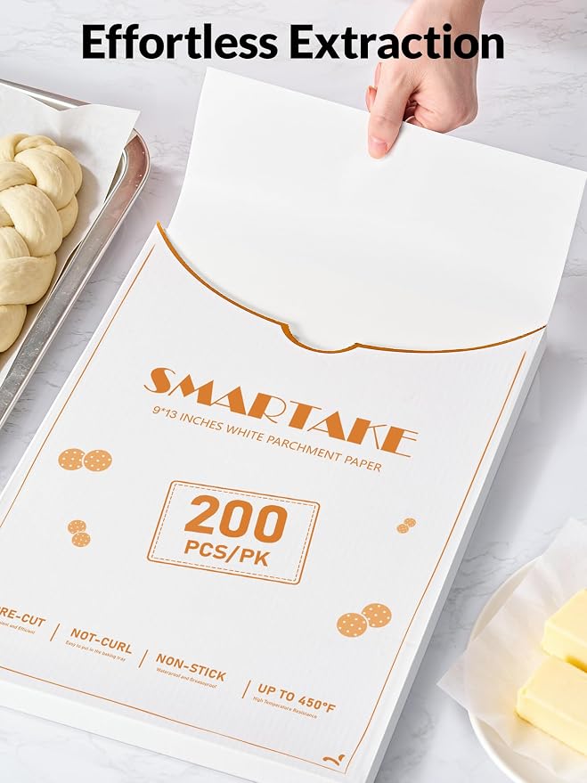 SMARTAKE 200 Pcs White Parchment Paper Sheets, 9x13 Inches, Non-Stick | Pre-Cut Greaseproof Baking Paper, Pure Wood Pulp, Oven Safe up to 450°F, for Cooking, Grilling, Frying, Steaming, Wrapping