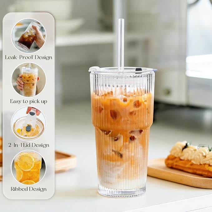 KEMORELA 20oz Ribbed Glass Tumblers with Lids and Straws, Iced Coffee Cups | Reusable thick-wall glass, Leak-Proof Lids, Fits Most Car Cup Holders, For Iced Coffee and Cold Drinks, With Cleaning Brush