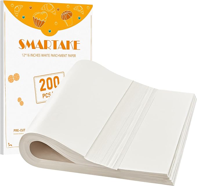 SMARTAKE 200 Pcs White Parchment Paper Sheets, 12x16 Inches, Non-Stick | Pre-Cut Greaseproof Baking Paper, Pure Wood Pulp, Oven Safe up to 450°F, for Cooking, Grilling, Frying, Steaming, Wrapping