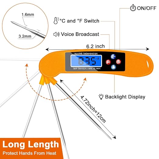Digital Talking Thermometer for The Blind, Orange Waterproof Instant Read Food Thermometer with Talking Function and Backlight, Meat Thermometer with Probe for Cooking and Grilling, and More