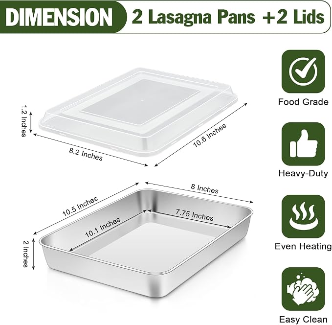 TeamFar Baking Pan with Lid, 10.5" x 8" Rectangule Cake Pans- 2Pans +2 Lids | Stainless Steel Lasagna Pans with Covers for Cake Brownie Casseroles, Birthday Party Outdoor, Healthy, Oven & Dishwasher Safe