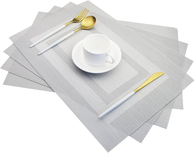 PIGCHCY Durable Vinyl Placemats for Dining Table and Easy to Clean, Washable Heat Insulation Non Slip Plastic PVC Placemats Set of 4 (Bright Silver)