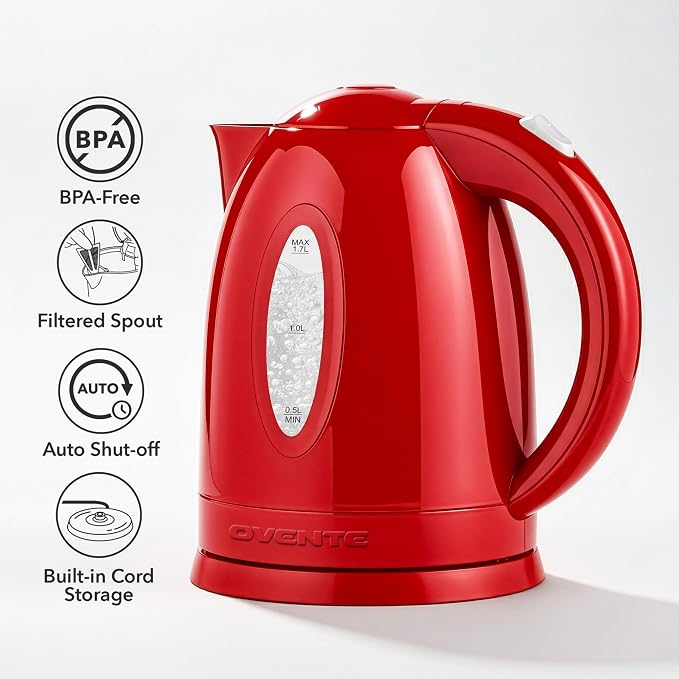 OVENTE 1.7L Electric Kettle with 1100W Fast Boiling Water, Red KP72R | Best For Coffee or Tea, BPA-Free, Water Level Gauge, Auto Shut-Off, Indicator Light, Boil-Dry Protection & Removable Filter