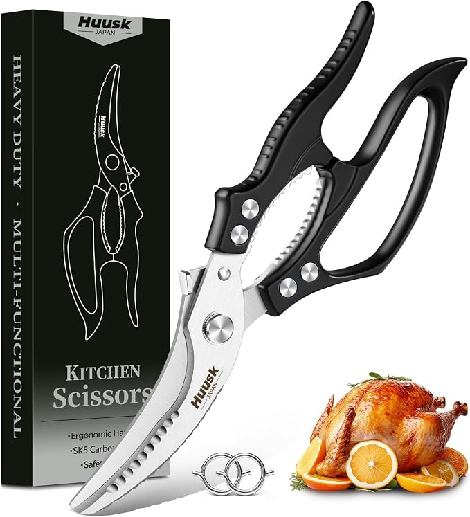 Huusk Kitchen Scissors All Purpose – Japanese Heavy Duty Poultry Shears | SK5 Steel Kitchen Shears for Meat, Fish, Vegetables, Chicken Bones, Turkey, Ergonomic Non-Slip Black Handle, Gifts for Women
