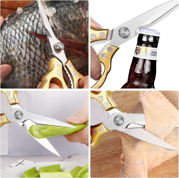 AWinjoy Kitchen Scissors, Heavy Duty Sharp Shears Dishwasher Safe, Kitchen Accessories Cooking Shears for Meat Chicken Fish Poultry Herb Bread (gold)