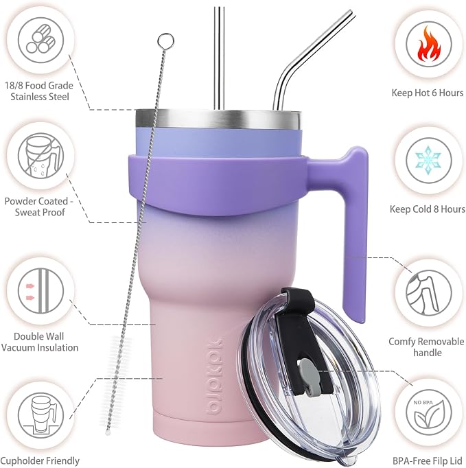 BJPKPK 30 oz Tumbler with Handle & Straw, Insulated Stainless Steel Mug | Double Wall Vacuum, Keeps Hot/Cold, Thermal Cup, BPA Free, Dishwasher Safe, Cupholder Fit, Coffee & Travel, Pastel Sunset