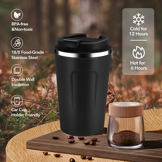 Volhoply 12 oz Double Wall Insulated Vacuum Travel Coffee Mug with Flip Lid Bulk 4 Pack,Reusable Stainless Steel Leak Proof Coffee Cups,Portable Cafe Thermal Tumbler for Hot & Cold Drinks(Black,4 Set)