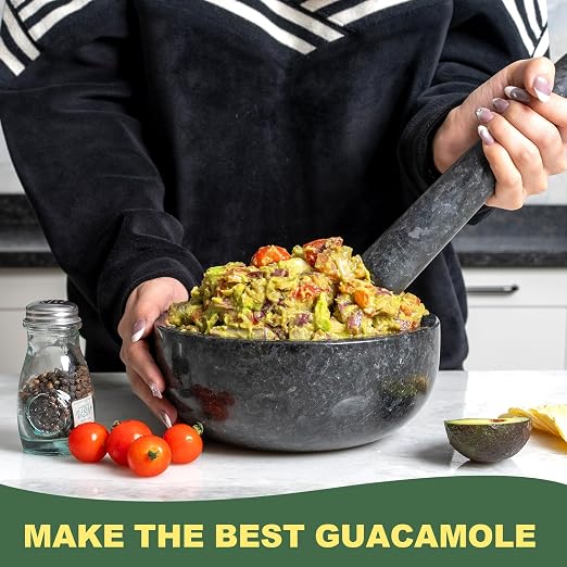 Granite Mortar and Pestle Set, 8" Extra Large Grinder Bowl for Guacamole, Salsa, Pill Crusher, Spice, Herb, Garlic, Nut, Heavy Duty Grinder for Kitchen
