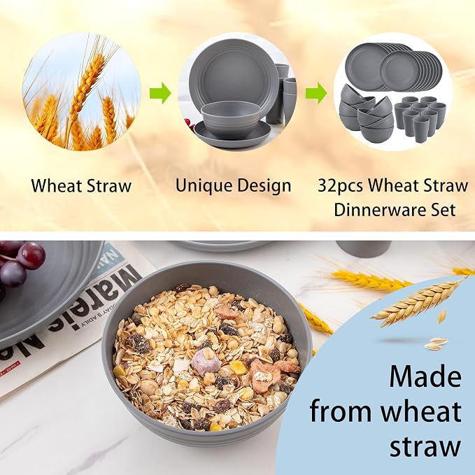 32 Pcs Dark Grey Wheat Straw Dinnerware Sets For RV And Dorm Room | Unbreakable Reusable Plastic Plates And Bowls Sets Feature Light Weight Design For Outdoor Camping And Everyday Dining