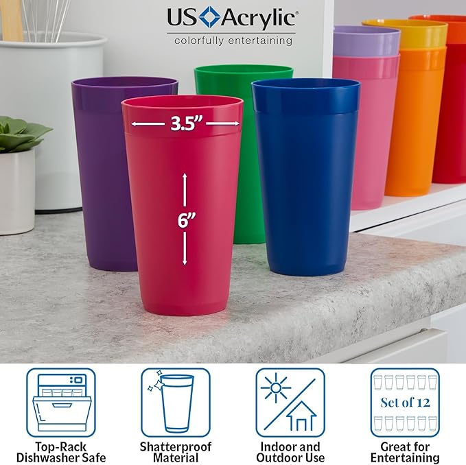 US Acrylic Newport 12-Pack Unbreakable Plastic Cups (20 ounces) 12 Assorted Bright Colors, BPA Free drinking glasses, Dishwasher Safe tumblers for Parties, Camping, & Everyday Use