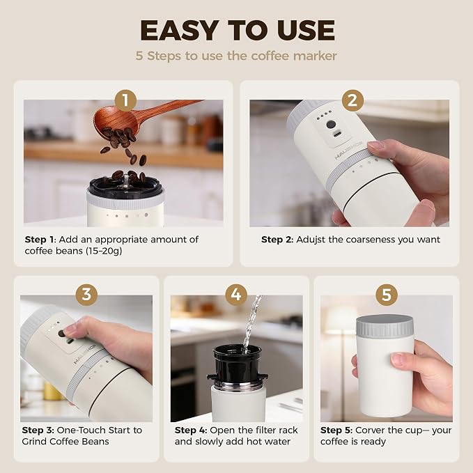 HAUSHOF Portable Coffee Maker for Travel, Rechargeable Electric Grinder | Collapsible Pour-Over Filter;5 Adjustable Grind Levels;Carry Bag for Easy Travel