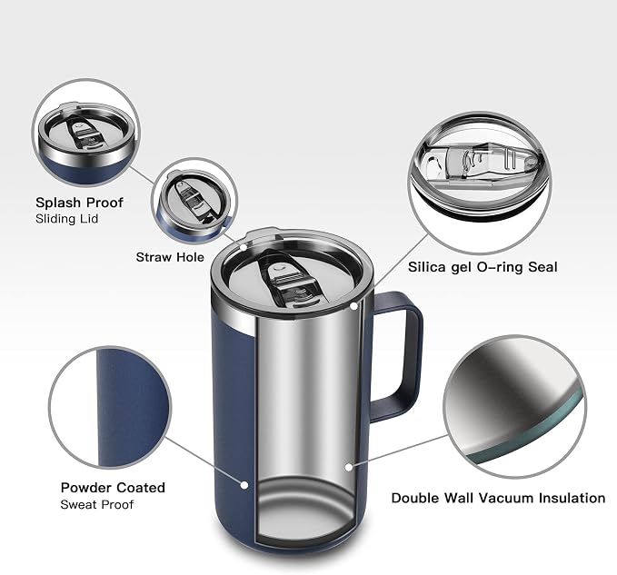 KXIAOCHEN 20 oz Insulated Coffee Mug, Coffee Cup with Lid and Wide Handle | 18/8 stainless steel, 6+ hours hot or 12+ hours cold, wide mouth, no-sweat exterior, for office, work, home and camping
