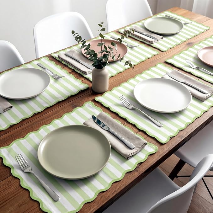 100 Pcs Green Stripe Paper Placemats 14 x 10 Inch Scalloped Checkered Place Mats Disposable Paper Kitchen Place Mats for Spring Party Home Dining Table Decor Wedding Bridal Shower
