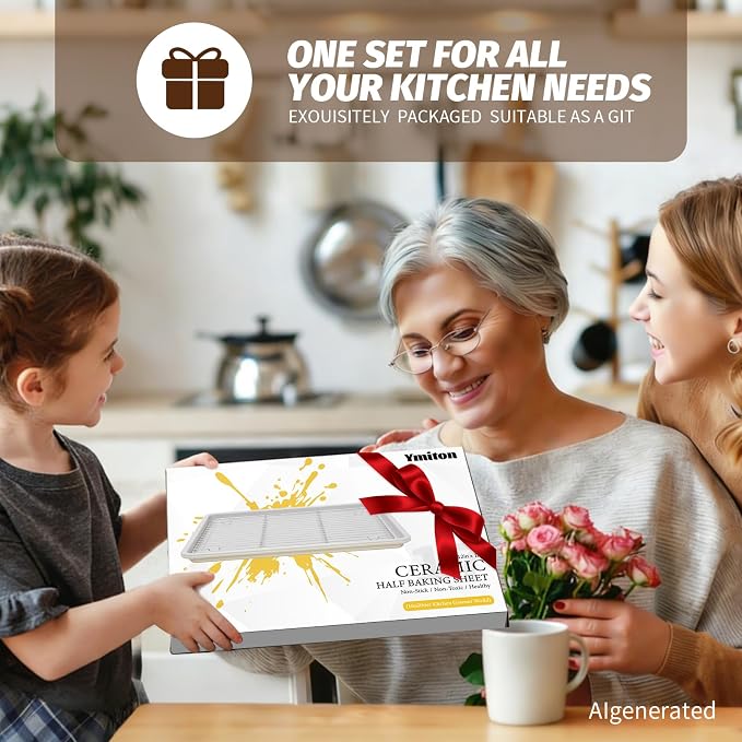 Nonstick Ceramic Baking Sheet With Rack, 2-Pack 15x10 Jelly Roll Sheet Pan, Non-Toxic, PTFE & PFOA Free, Warp-Free, Oven Safe 550°F, Dishwasher Safe, Aluminized Steel, Gray Yellow