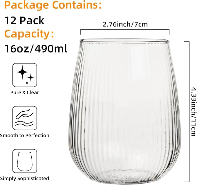 UMEIED 12 Pack Textured Glass Cups, 16oz, 490ml | Elegant Vertical Ribs, Flat Base, Ideal for Serving Drinks at Parties and Gatherings
