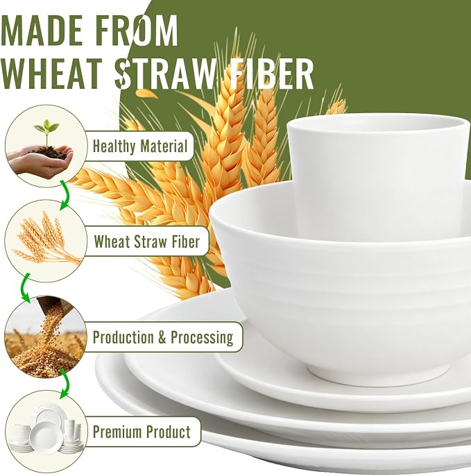 40 PCS Wheat Straw Dinnerware Sets, Service for 8 - Dinner Plates, Cereal Bowls, Drinking Glasses, Unbreakable Plastic Plates and Bowls Sets, Dishwasher and Microwave Safe for Kitchen - White